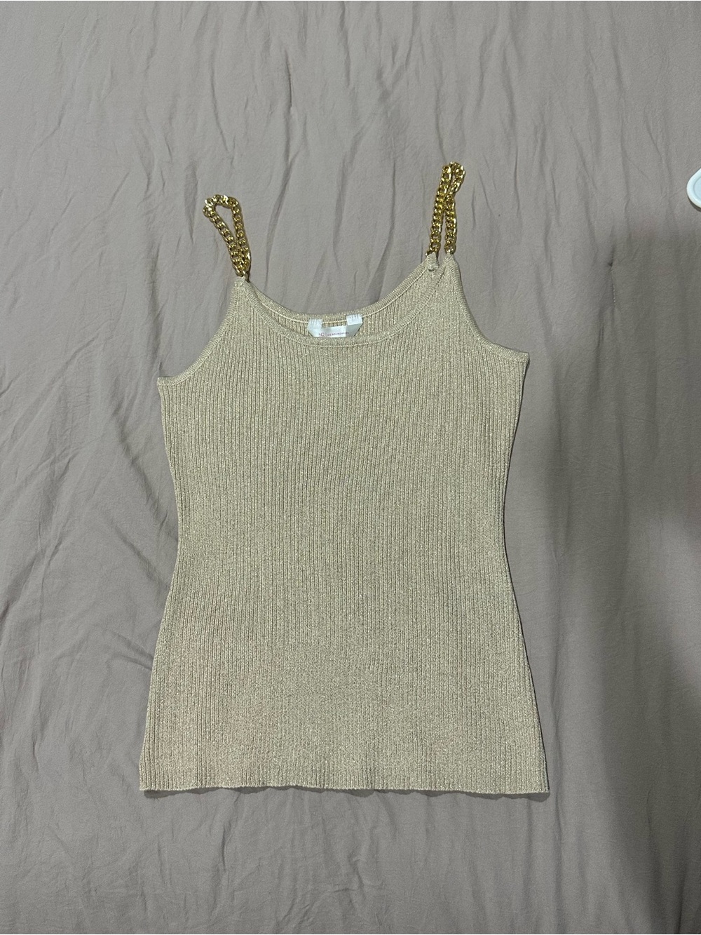 No Boundaries Beige Ribbed Tank with Gold Chain Straps